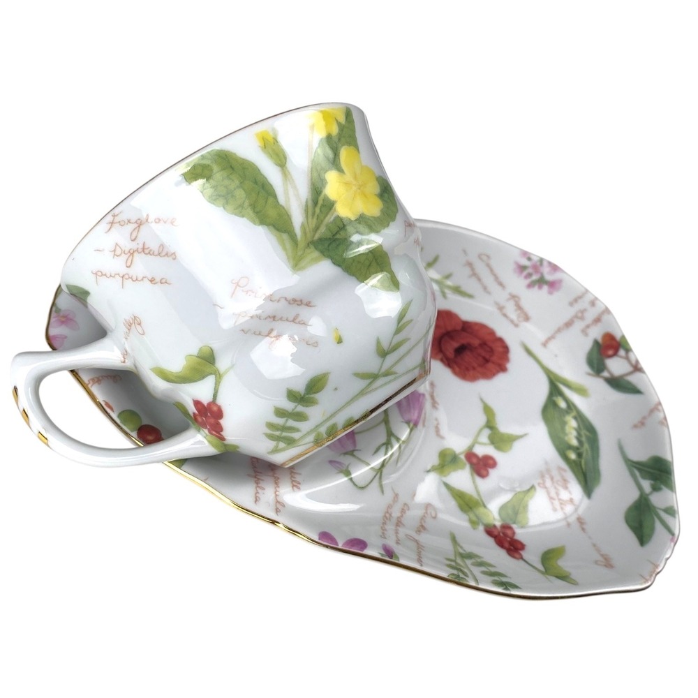 Nantucket Home Botanical Porcelain Snack Set Cup and Saucer Gold Trim Floral